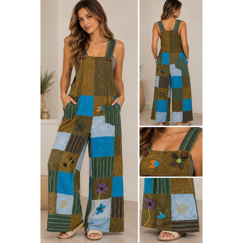 Rising International Women's LargePatchwork Overall Jumpsuit Pockets (8-b72)new